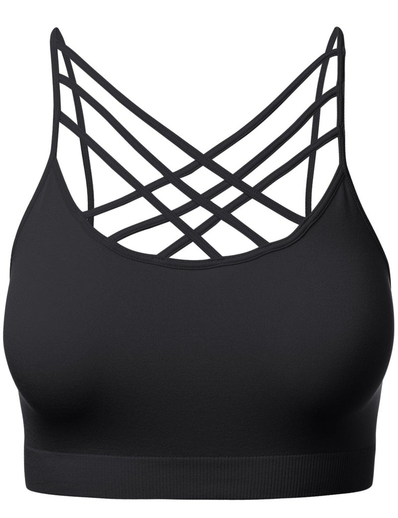 HATOPANTS Women Sports Bra Criss Cross Strappy Wirefree Cami Bralette Crop Top Black L-XL - Image 1